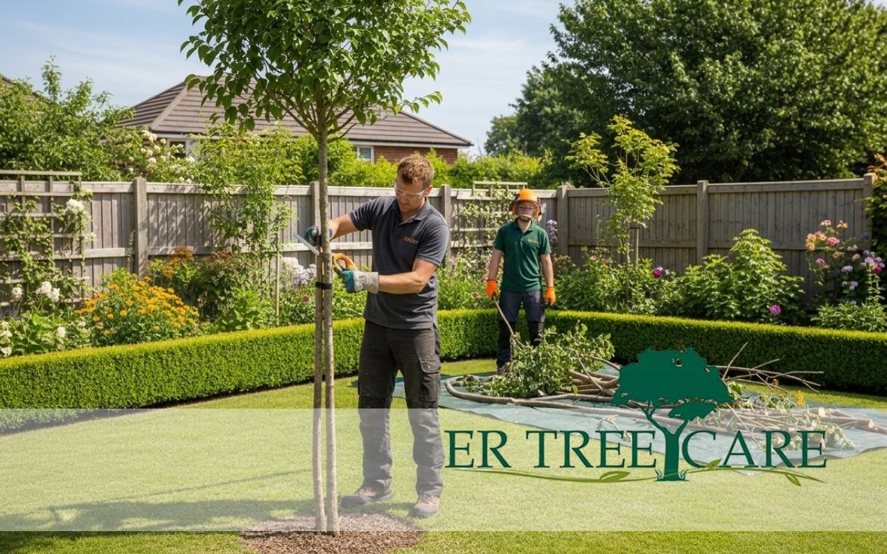 Small tree removal in a safe garden work area