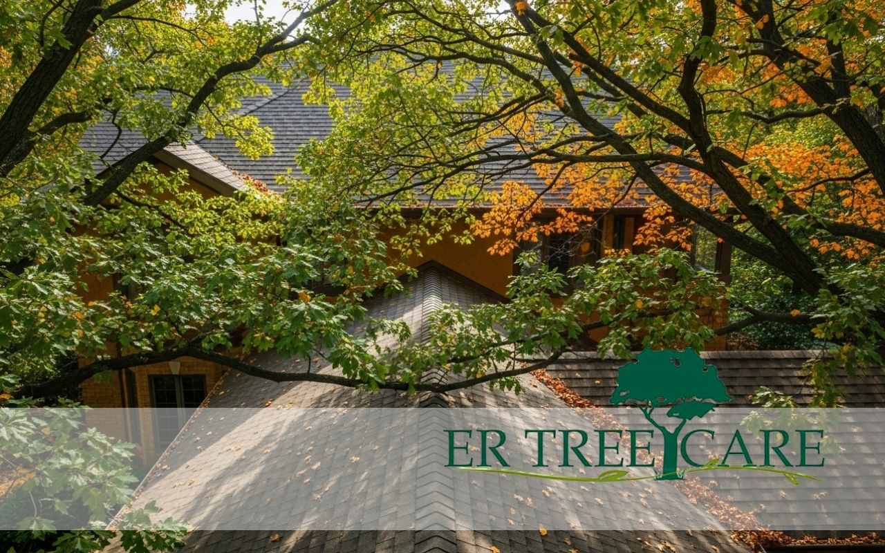 Tree branches touching roof near a residential home