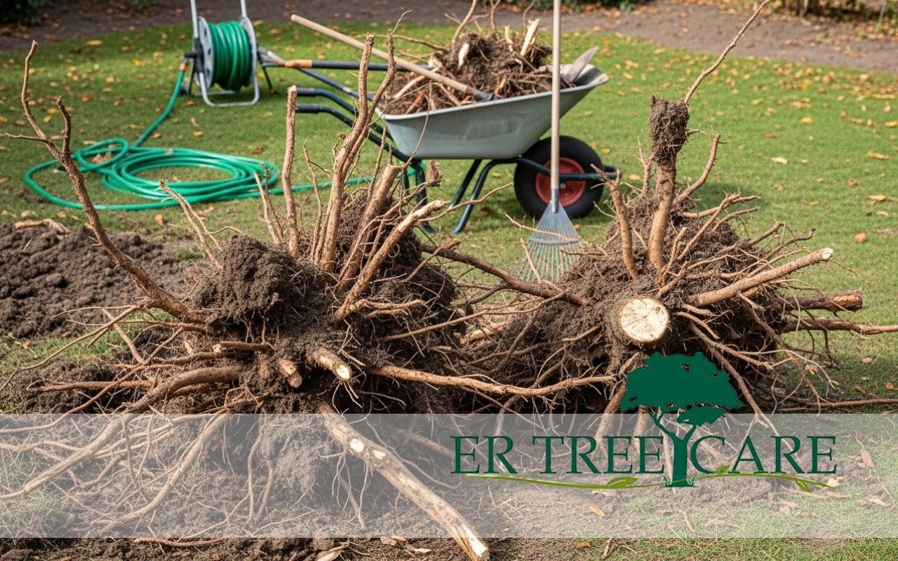 Tree roots after removal being cleared from a garden area