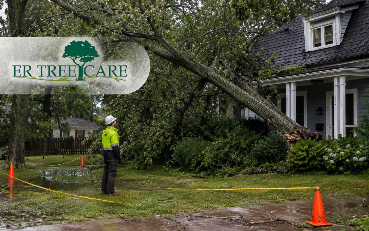 Tree removal after heavy rain near a residential home