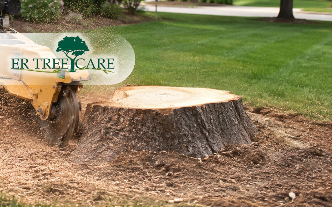 Stump grinding after tree removal in a residential yard