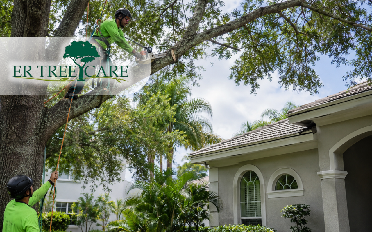 Tree trimming before hurricane season near a residential home