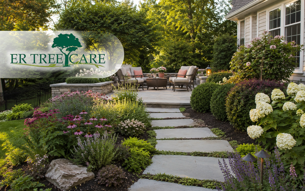 Landscape design with plants, pathways, and a comfortable outdoor seating area